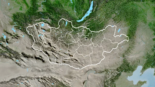 Detailní Záběr Pohraniční Oblasti Mongolska Jeho Regionálních Hranic Satelitní Mapě — Stock fotografie