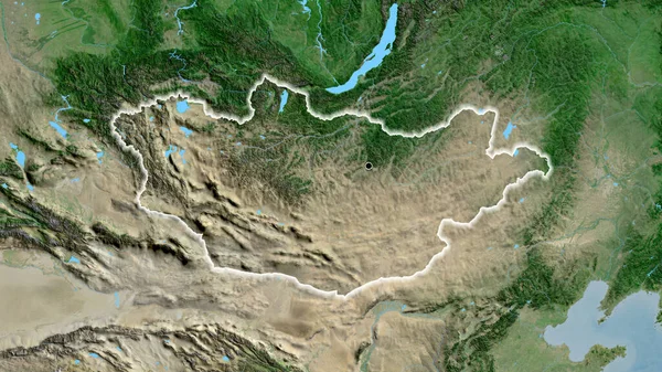 在卫星地图上对蒙古边境地区进行的密切监视 资本点 风靡全国 — 图库照片