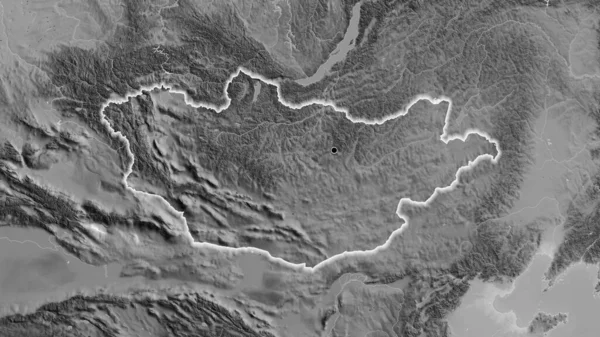 グレースケールの地図上のモンゴル国境地域のクローズアップ 資本ポイント 全国に光る — ストック写真