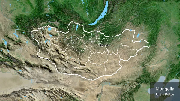 モンゴル国境地域の閉鎖と衛星地図上のその地域の境界線 資本ポイント 国の形の周りの概要 英名国とその首都 — ストック写真