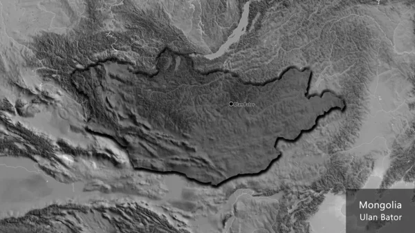 グレースケールの地図上に暗いオーバーレイで強調モンゴル国境地域のクローズアップ 資本ポイント 国の形の縁が隠されています 英名国とその首都 — ストック写真