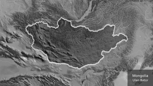 Close Mongolia Border Area Highlighting Dark Overlay Grayscale Map Capital — Stock Photo, Image