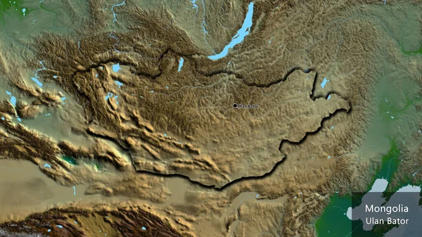在一张实景地图上对蒙古边境地区进行的密切监视 资本点 这个国家的边缘呈斜角状 国家及其首都的英文名称 — 图库照片