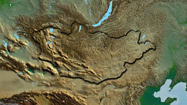 物理的な地図上のモンゴル国境地域のクローズアップ 資本ポイント 国の形の縁が隠されている — ストック写真