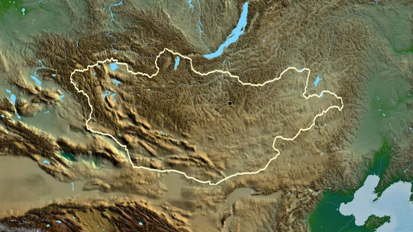 物理的な地図上のモンゴル国境地域のクローズアップ 資本ポイント 全国の概要 — ストック写真
