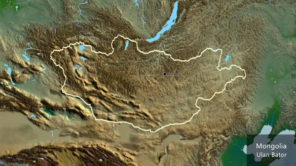 在一张实景地图上对蒙古边境地区进行的密切监视 资本点 概略地描述一下国家的面貌 国家及其首都的英文名称 — 图库照片