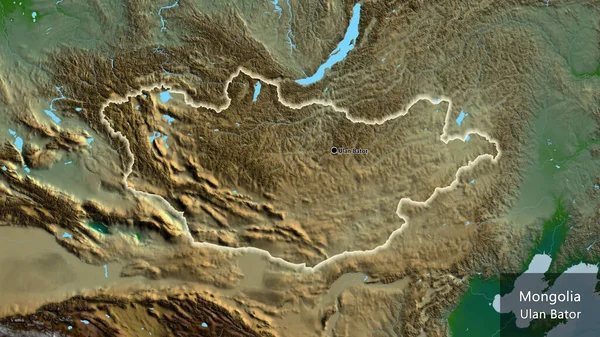 物理的な地図上のモンゴル国境地域のクローズアップ 資本ポイント 国の形の周りに光る 英名国とその首都 — ストック写真