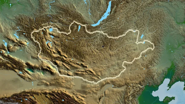 Närbild Mongoliets Gränsområde Fysisk Karta Huvudpunkt Glow Runt Landet Form — Stockfoto