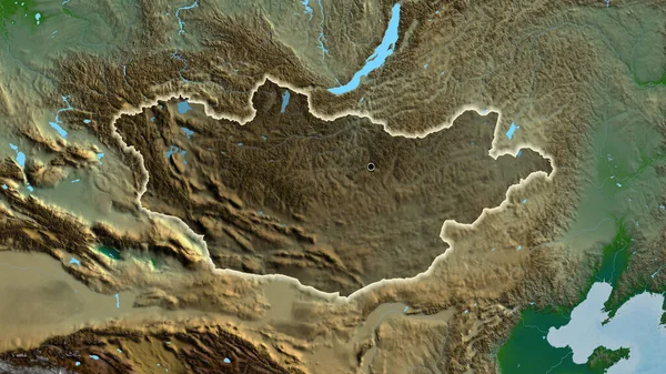 物理的な地図上の暗いオーバーレイで強調モンゴル国境地域のクローズアップ 資本ポイント 全国に光る — ストック写真