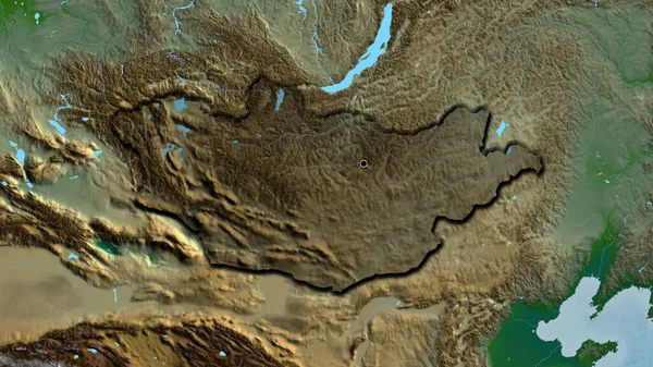 物理的な地図上の暗いオーバーレイで強調モンゴル国境地域のクローズアップ 資本ポイント 国の形の縁が隠されている — ストック写真