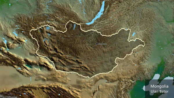 对蒙古边境地区的密切监视 用一张地形图上的黑暗阴影突出了这一点 资本点 概略地描述一下国家的面貌 国家及其首都的英文名称 — 图库照片