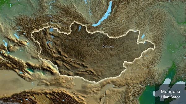 物理的な地図上の暗いオーバーレイで強調モンゴル国境地域のクローズアップ 資本ポイント 国の形の周りに光る 英名国とその首都 — ストック写真