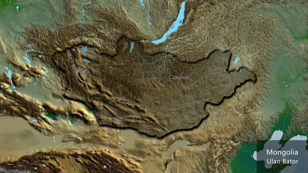 物理的な地図上の暗いオーバーレイで強調モンゴル国境地域のクローズアップ 資本ポイント 国の形の縁が隠されています 英名国とその首都 — ストック写真