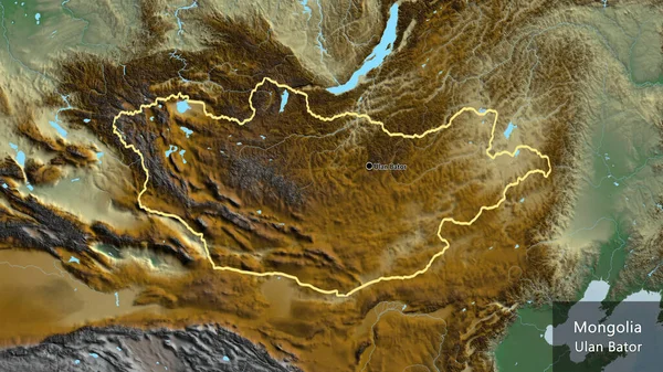 救援地図上のモンゴル国境地域のクローズアップ 資本ポイント 国の形の周りの概要 英名国とその首都 — ストック写真