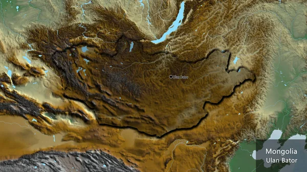 救援地図上の暗いオーバーレイで強調モンゴル国境地域のクローズアップ 資本ポイント 国の形の縁が隠されています 英名国とその首都 — ストック写真