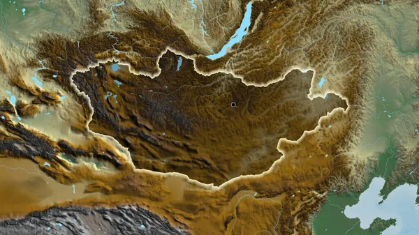 Närbild Mongoliets Gränsområde Med Ett Mörkt Överdrag Reliefkarta Huvudpunkt Glow — Stockfoto