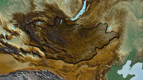 救援地図上の暗いオーバーレイで強調モンゴル国境地域のクローズアップ 資本ポイント 国の形の縁が隠されている — ストック写真