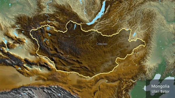 救援地図上の暗いオーバーレイで強調モンゴル国境地域のクローズアップ 資本ポイント 国の形の周りの概要 英名国とその首都 — ストック写真