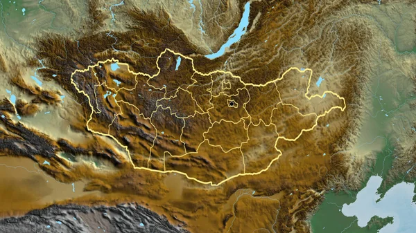 在一张救济地图上对蒙古边境地区及其区域边界进行了密切监视 资本点 国家形貌概述 — 图库照片