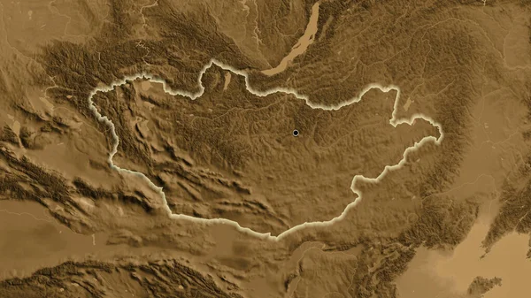 Zbliżenie Strefy Przygranicznej Mongolii Mapie Wysokości Sepii Główny Punkt Blask — Zdjęcie stockowe