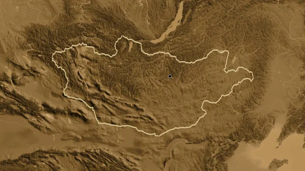 Zbliżenie Strefy Przygranicznej Mongolii Mapie Wysokości Sepii Główny Punkt Zarys — Zdjęcie stockowe