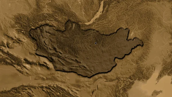 Närbild Mongoliets Gränsområde Med Mörk Överlagring Sepia Höjd Karta Huvudpunkt — Stockfoto