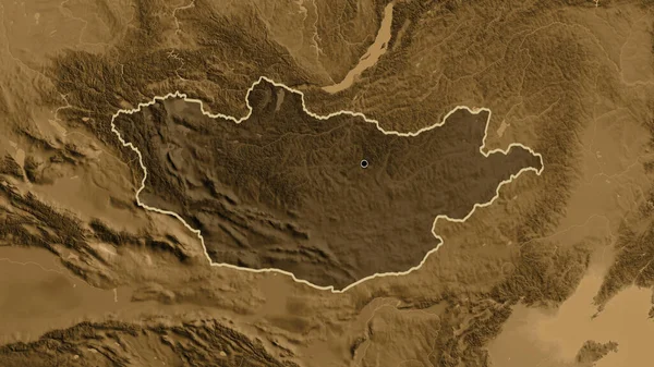 Крупный План Приграничной Зоны Монголии Тёмным Наложением Карту Высоты Сепии — стоковое фото