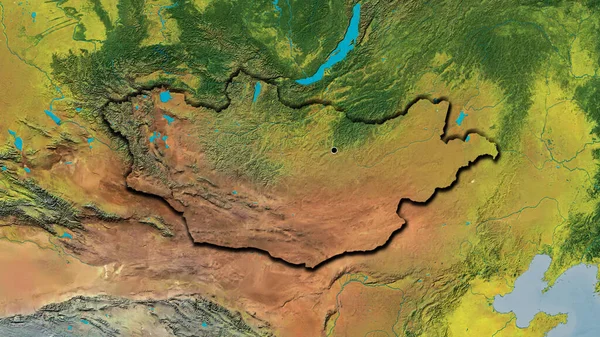 在一张地形图上对蒙古边境地区进行密切监视 资本点 国家形状的斜边 — 图库照片