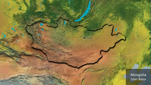 地形図上のモンゴル国境地域のクローズアップ 資本ポイント 国の形の縁が隠されています 英名国とその首都 — ストック写真