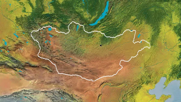 在一张地形图上对蒙古边境地区进行密切监视 资本点 国家形貌概述 — 图库照片
