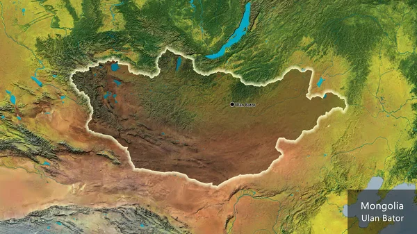 地形図上の暗いオーバーレイで強調モンゴル国境地域のクローズアップ 資本ポイント 国の形の周りに光る 英名国とその首都 — ストック写真