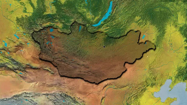 在蒙古边境地区进行的近距离调查显示 地形图上有黑暗的阴影 资本点 国家形状的斜边 — 图库照片