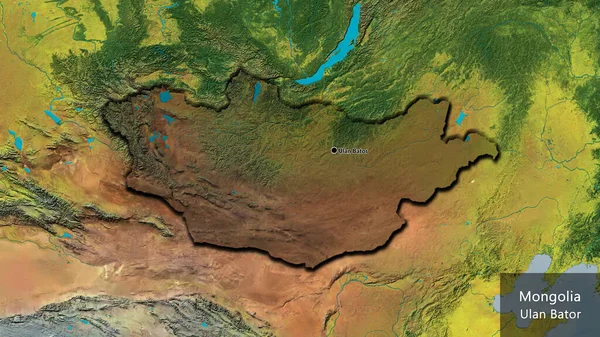 地形図上の暗いオーバーレイで強調モンゴル国境地域のクローズアップ 資本ポイント 国の形の縁が隠されています 英名国とその首都 — ストック写真