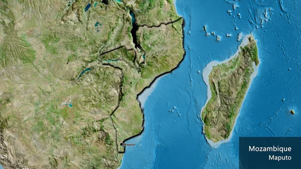 Nahaufnahme Des Mosambikanischen Grenzgebiets Auf Einer Satellitenkarte Kapitalpunkt Abgeschrägte Ränder — Stockfoto