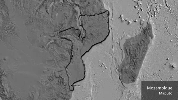 レベルマップ上のモザンビーク国境地域の閉鎖 資本ポイント 国の形の縁が隠されています 英名国とその首都 — ストック写真