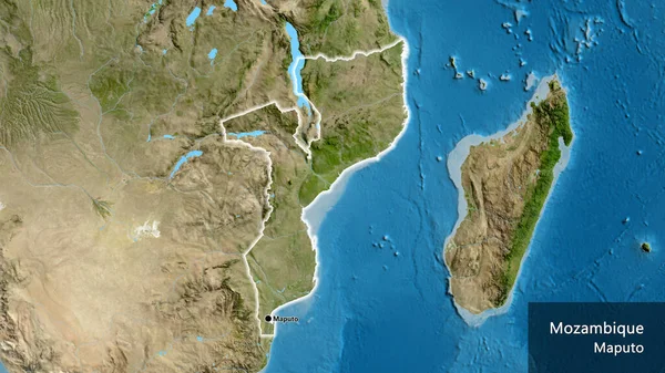 在卫星地图上对莫桑比克边境地区进行了近距离调查 资本点 风靡全国各地 国家及其首都的英文名称 — 图库照片