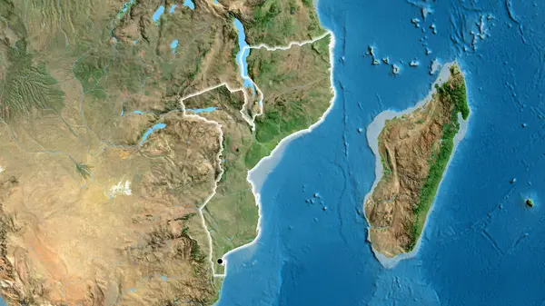 Nahaufnahme Des Mosambikanischen Grenzgebiets Auf Einer Satellitenkarte Kapitalpunkt Glühen Ganzen — Stockfoto