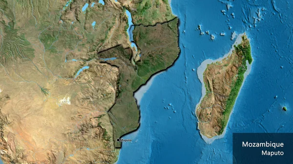 Close-up of the Mozambique border area highlighting with a dark overlay on a satellite map. Capital point. Bevelled edges of the country shape. English name of the country and its capital