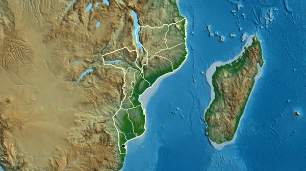 モザンビーク国境地域とその地域の境界線の物理的な地図上のクローズアップ 資本ポイント 全国の概要 — ストック写真