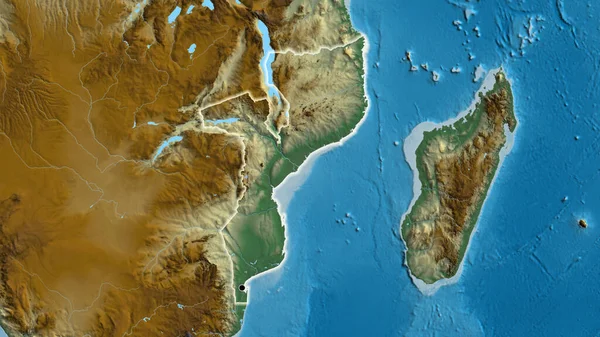 Nahaufnahme Des Mosambikanischen Grenzgebiets Auf Einer Reliefkarte Kapitalpunkt Glühen Ganzen — Stockfoto