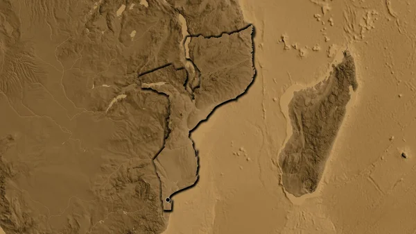 Närbild Moçambique Gränsområde Sepia Höjd Karta Huvudpunkt Skalade Kanter Lantformen — Stockfoto