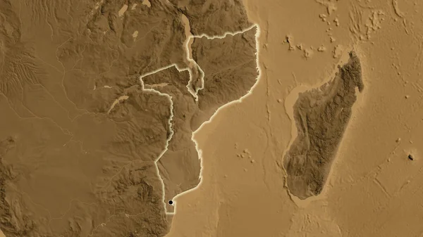 Närbild Moçambique Gränsområde Sepia Höjd Karta Huvudpunkt Glow Runt Landet — Stockfoto
