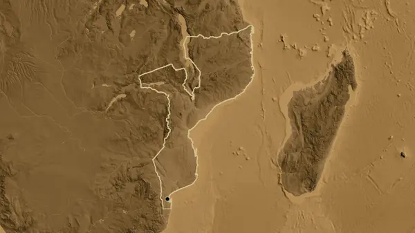 Närbild Moçambique Gränsområde Sepia Höjd Karta Huvudpunkt Skissera Runt Landet — Stockfoto