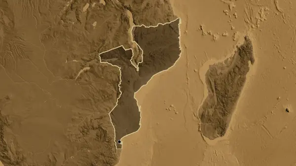 莫桑比克边境地区的特写镜头突出显示了黑色的覆盖在黑色的高程地图上 资本点 国家形貌概述 — 图库照片
