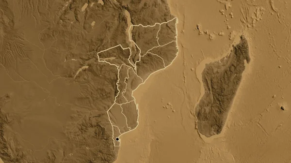 모잠비크 국경을 사이에 세피아 Sepia 지도에 것이다 나라의 모양을 둘러싸고 — 스톡 사진