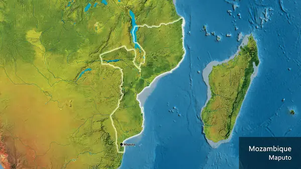 Nahaufnahme Des Mosambikanischen Grenzgebiets Auf Einer Topografischen Karte Kapitalpunkt Überall — Stockfoto
