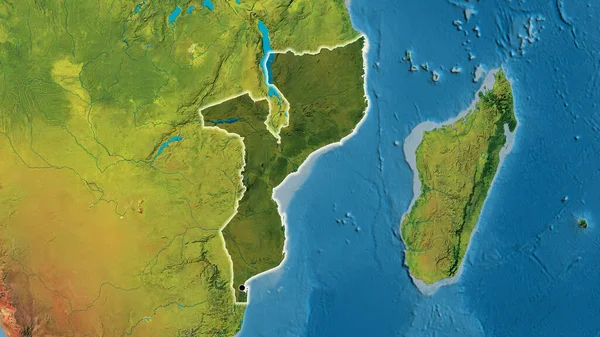 地形図上の暗いオーバーレイで強調モザンビーク国境地域のクローズアップ 資本ポイント 全国に光る — ストック写真