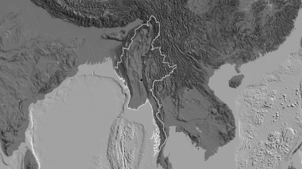 Nahaufnahme Des Grenzgebiets Myanmar Auf Einer Zweistufigen Karte Kapitalpunkt Umrisse — Stockfoto