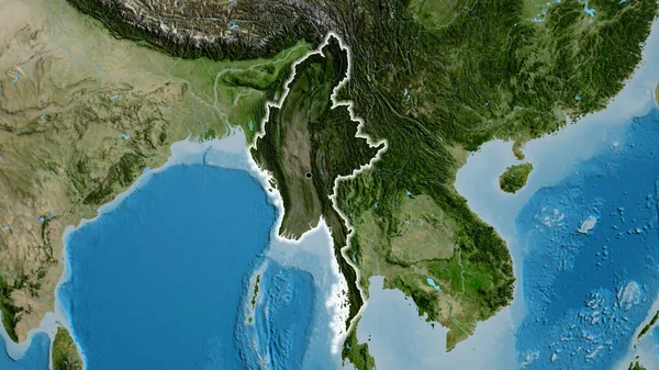 衛星地図上の暗いオーバーレイで強調ミャンマー国境地域のクローズアップ 資本ポイント 全国に光る — ストック写真