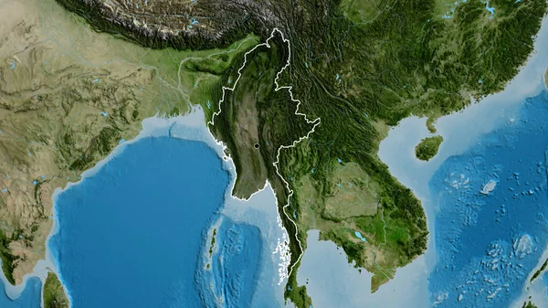 衛星地図上の暗いオーバーレイで強調ミャンマー国境地域のクローズアップ 資本ポイント 全国の概要 — ストック写真